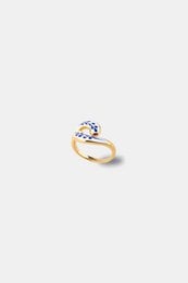 Gold spiral flower ring with diamond stone, elegant stackable design, romantic floral jewelry piece.