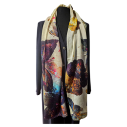  Colorful butterfly scarf with watercolor floral design, cream and dark purple tones, artistic print, lightweight fabric.