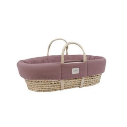 Plush purple padded moses basket with natural woven handles, perfect for newborn babies.