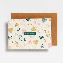 Colorful thank you postcard with tropical leaf and pineapple pattern.