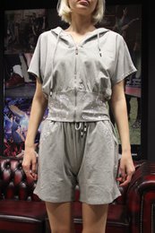  Lightweight, sporty gray shorts and jacket set with rhinestone detailing for a chic, casual look.