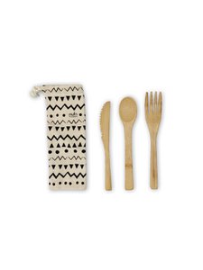 Bamboe bestek in linnen tas Ethno naturel set van 3