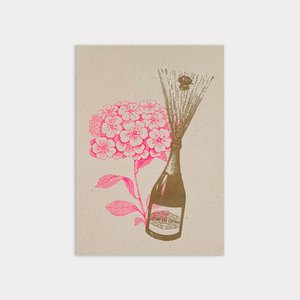 Postkarte / Champagner mit Blume / Risographie