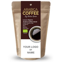 Personalized organic Arabica coffee blend in a resealable pouch. Rich, smooth flavor with a hint of sweetness.