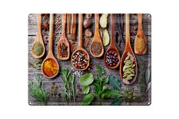  Tin sign wooden spoons spices herbs colorful kitchen wall decor rustic vintage style