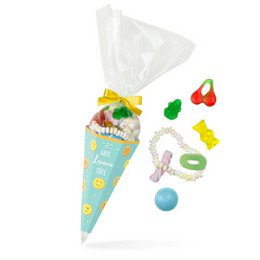 A colorful candy cone filled with assorted candies, including gummy bears, jelly beans, and other sweets. The cone has a bright, cheerful design with smiley faces and other playful elements.