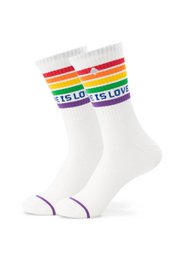 White socks with colorful "Love is love" text and rainbow stripes. Ankle-length socks with a comfortable, stretchy fit.