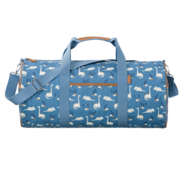  Large duffel bag with a blue and white swan print pattern, featuring a top handle and adjustable shoulder strap for easy carrying. Suitable for weekend getaways or travel.
