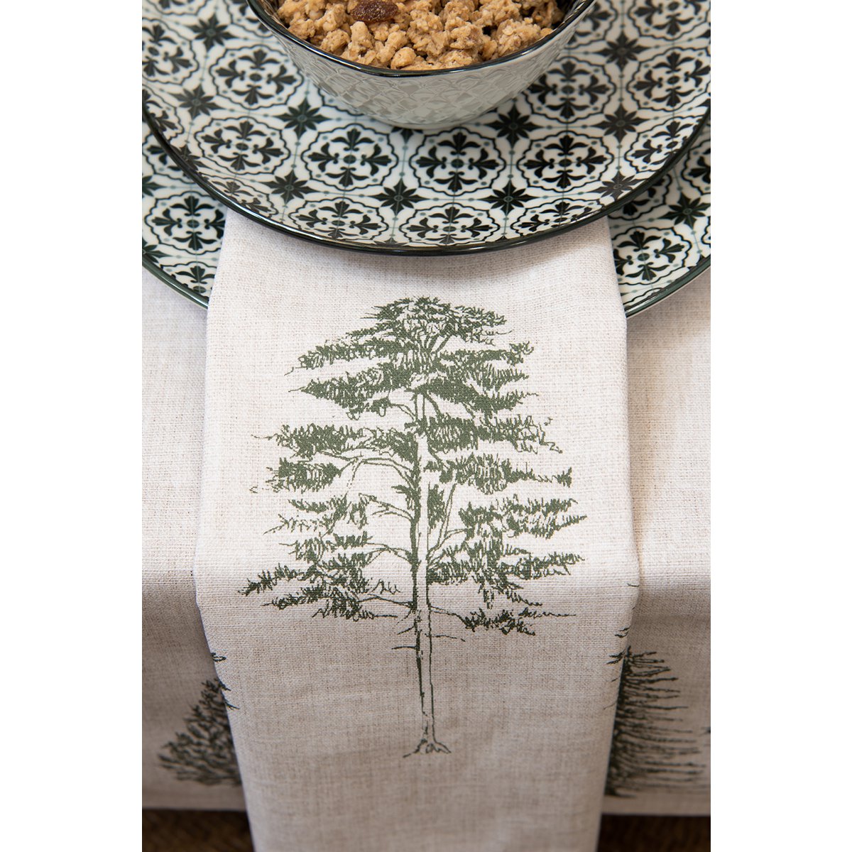 Tafelkleed 150x250 cm Beige Groen Katoen Dennenbomen