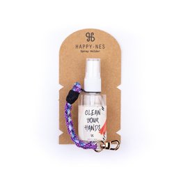 Purple hand sanitizer spray with a beaded strap in a purple and white color scheme.