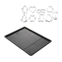 This set includes an expandable baking sheet and 9 cookie cutters in various festive shapes like stars, hearts, and Christmas trees. The baking sheet is made of durable material and the cutters are designed to easily cut out shapes from dough. This set is perfect for baking holiday cookies or other treats.