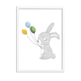 Kinderzimmer Poster Kaninchen mit Luftballons - Gelb blau grün