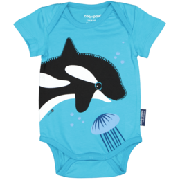 A turquoise blue baby bodysuit featuring a large black and white orca whale design with jellyfish accents, suitable for infants aged 3-6 months and 9-12 months.