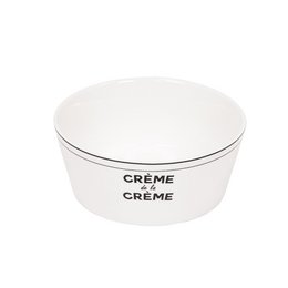  A round, white ceramic bowl with the text "CREME de la CREME" printed on the side in black. The bowl measures 14.5 x 14.5 x 6 cm and is suitable for serving various dishes or desserts.