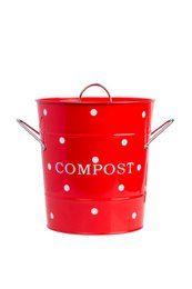 A round, red compost bin with white polka dots, measuring 21x19 cm. Made of metal, suitable for gardening and composting.