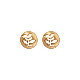 A pair of round gold-plated stud earrings featuring a floral design.