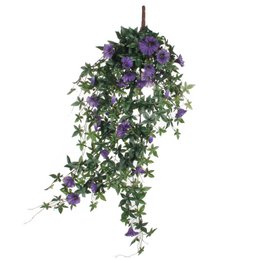  Dark purple hanging plant with polyester leaves and purple flowers.