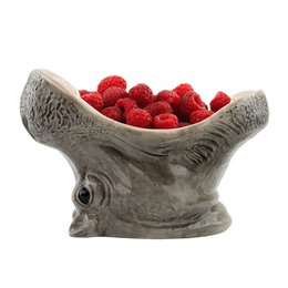  Decorative gray ceramic bowl in the shape of a hungry hippo, filled with fresh red raspberries. The bowl has a unique and whimsical design that would make a charming addition to any kitchen or dining room.