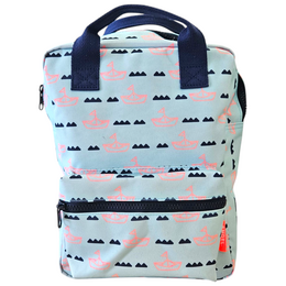  Colorful backpack with paper boat pattern, suitable for kids. Made of durable material, comfortable straps, and a roomy interior for school supplies.