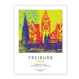 Colorful poster depicting the historic architecture of Freiburg, Germany, including the iconic Freiburg Minster cathedral. The vibrant, abstract design showcases the city's unique blend of traditional and modern elements.