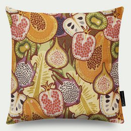 A decorative throw pillow featuring a vibrant pattern of various fruits, including pomegranates, kiwis, and other colorful produce. The pillow has a warm, earthy color palette and a textured, embroidered design.