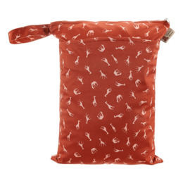 A red wet bag with a repeating pattern of white animal silhouettes, designed for the Savanna collection. The bag is made of durable, water-resistant material and is suitable for storing wet items like diapers or swimwear.