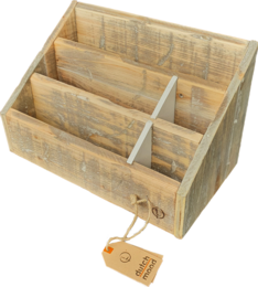 Rustic wooden file holder with multiple compartments for organizing documents and office supplies.