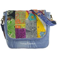 Sunsa duurzame schoudertas voor dames. Schoudertas gemaakt van gerecyclede jeans & sari stof (canvas). Handtas vintage retro stijl. Crossbodytas voor dames.