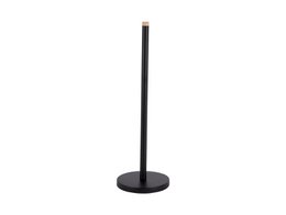  Bamboo toilet roll holder with black metal base and rod. Cylindrical shape, natural material.