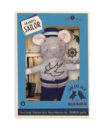 Cuddly plush mouse toy dressed as a sailor, with a navy blue and white striped shirt, sailor hat, and embroidered details. Suitable for children's play and decoration.