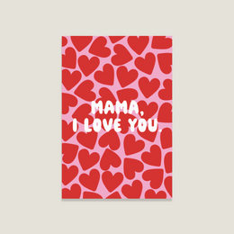 A red and white Mother's Day card with the text "Mama, I love you" surrounded by heart shapes, suitable for gifting to mothers on Mother's Day.