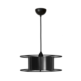 A modern black pendant light with a circular design, suitable for use in a variety of interior spaces.