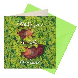 A greeting card featuring a colorful illustration of two squirrels on a background of lush green foliage. The card has the text "Miss you" written on it, conveying a message of friendship and affection.