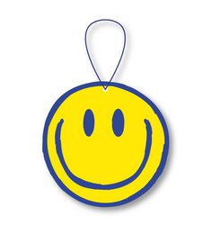  Vanilla-scented smiley face air freshener with a hanging loop for easy placement.