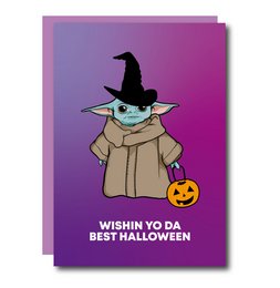 A Halloween greeting card featuring a character wearing a witch's hat and holding a pumpkin. The text on the card reads "Within yo da best Halloween".