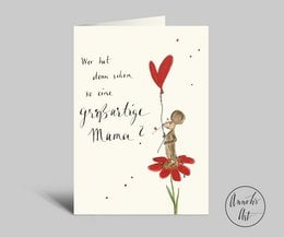 Folded Mother's Day card with heart, flower, mouse, and heartfelt message. Includes envelope. Suitable for gifting to mom.
