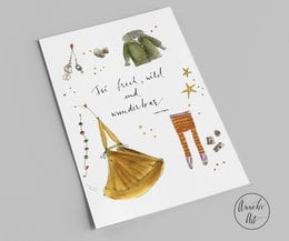 Colorful postcard with whimsical illustrations including a party hat, stars, and the text "Be bold, wild and wonderful" in a handwritten style.