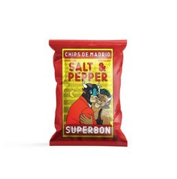Savory potato crisps in a bright red package, featuring a bold graphic design with a superhero-inspired character. The crisps appear to be flavored with salt and pepper.
