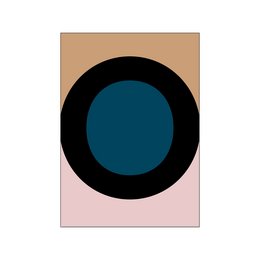 Minimalist wall art with a large blue circle on a beige and pink background.