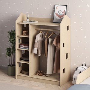 Open children's wardrobe in the shape of a BusyKids house