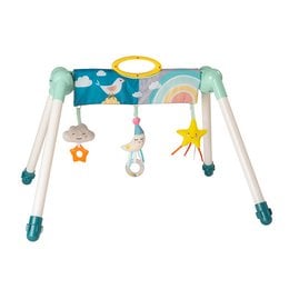 Colorful baby gym with hanging toys including stars, moons, and other playful shapes. Designed for infants and toddlers to encourage visual stimulation and motor skill development.