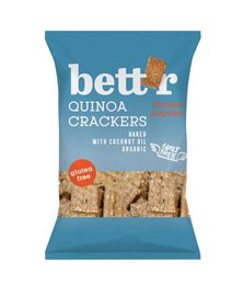 Organic quinoa crackers with smoked paprika flavor, packaged in a 100g bag.
