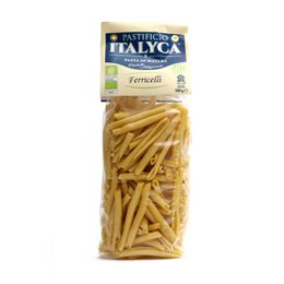  Organic artisanal pasta from Italy, made with 100% Italian ingredients. Long, thin, yellow pasta strands.