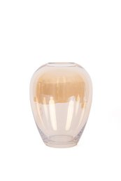 A tall, round glass vase with a golden hue and a smooth, elegant design.