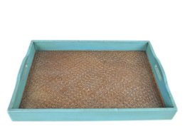 Rectangular tray with turquoise blue wooden frame and woven rattan interior, suitable for serving food or decorative display.