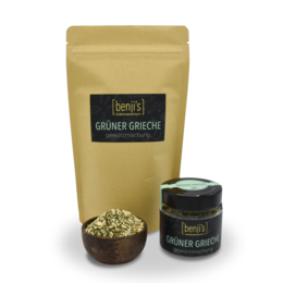Green Greek spice mix in a resealable pouch and glass jar. The spice mix contains a blend of herbs and spices, with a green color and earthy, savory flavor.