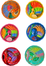  Colorful Mexican folkloric bowl, vibrant hand-painted ceramic with traditional folk art patterns and bright colors.