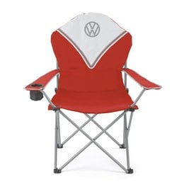 A red and gray camping chair with the Volkswagen logo. The chair appears to be made of a padded, durable material and has a folding design for easy transport.