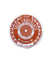 Dark chocolate coffee disc with 55% cocoa content, organic and fair trade certified.