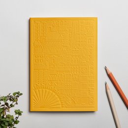 A hardcover notebook with a textured, geometric pattern in a vibrant yellow color. The notebook has a sleek, modern design and would be suitable for a variety of uses, such as journaling, note-taking, or sketching.